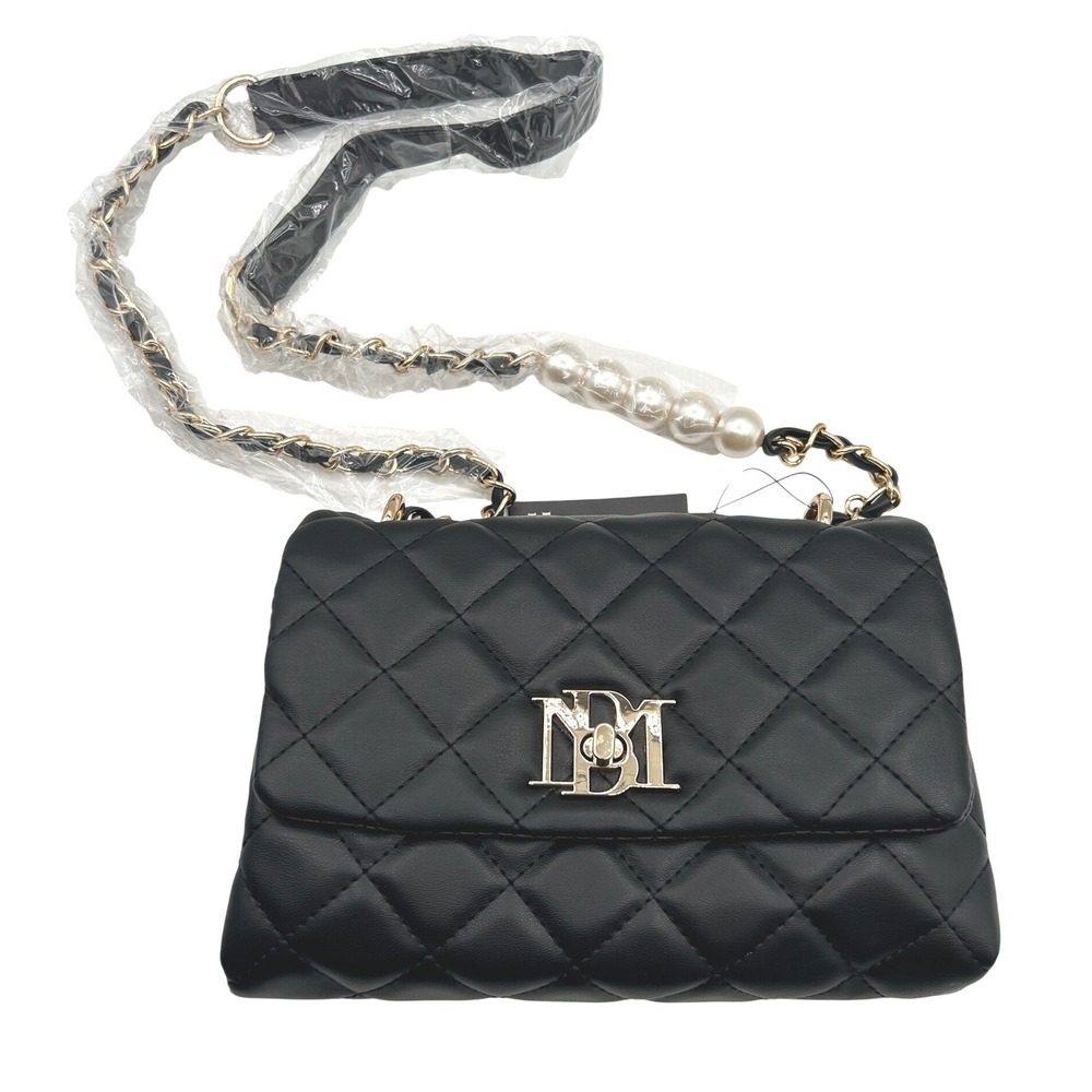 Badgley Mischka Crossbody Bag. Black Quilted,Pearl/Chain,Vegan Leather Small